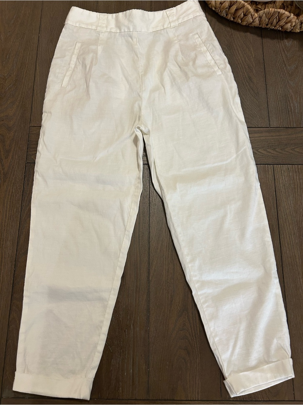 Anthropologie Cream Linen-Blend Casual Tapered Pants